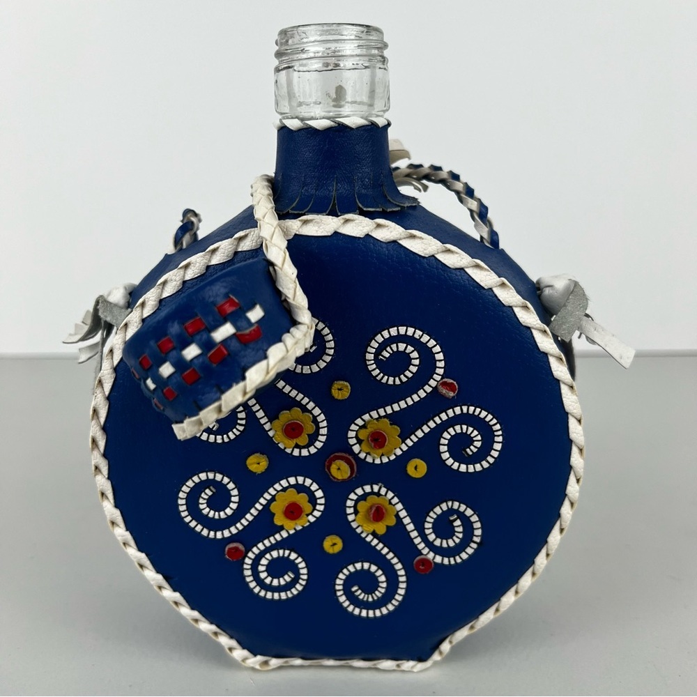 Vintage Folk Art Blue Floral Leather Covered Glass Bottle Canteen Decanter Flask - Picture 7 of 12
